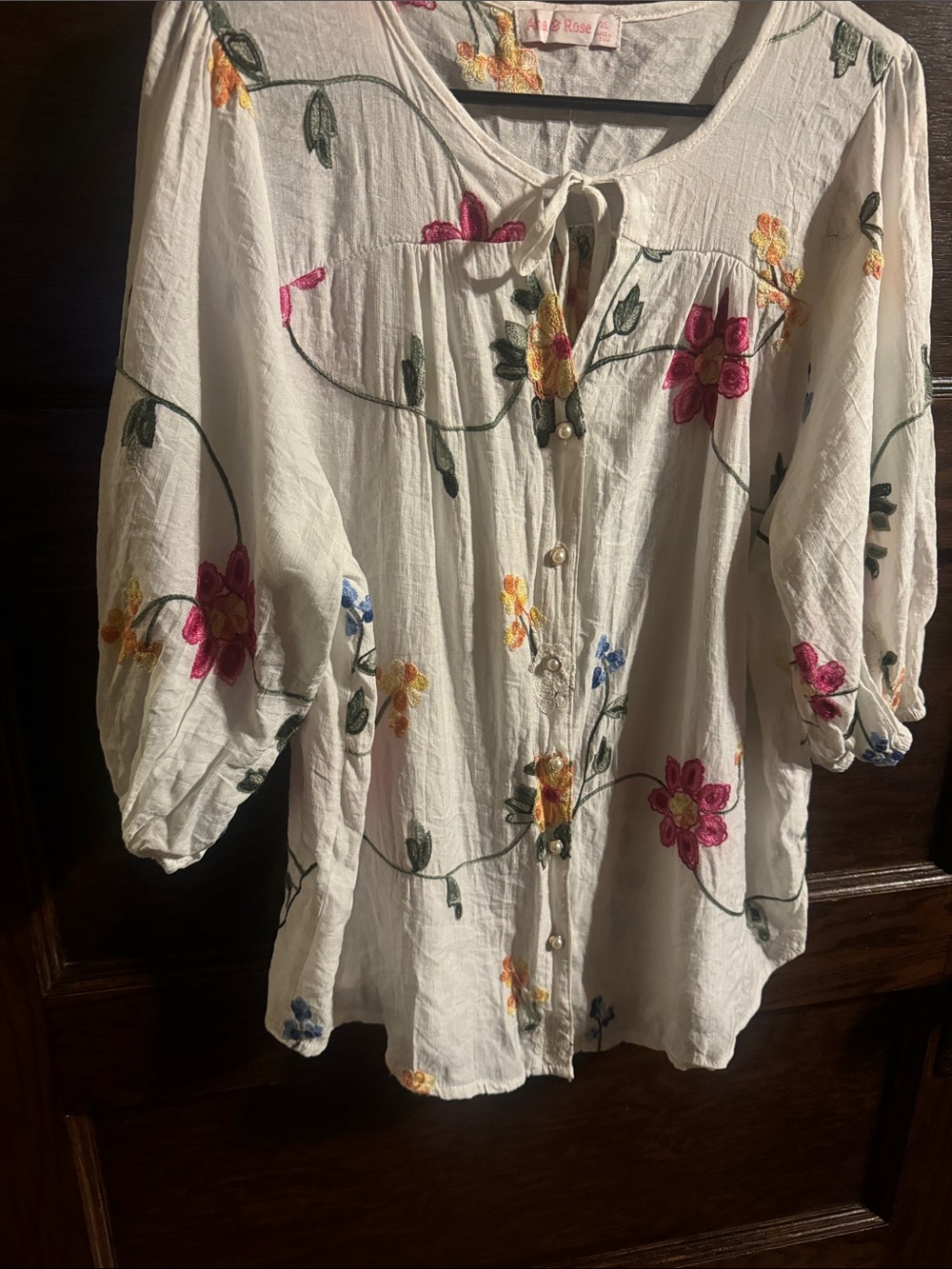 White Embroidered Button-Down Peasant Top - Picture 6 of 8
